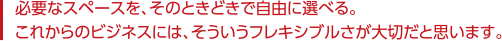 必要なスペースを、そのときどきで自由に選べる。これからのビジネスには、そういうフレキシブルさが大切だと思います。